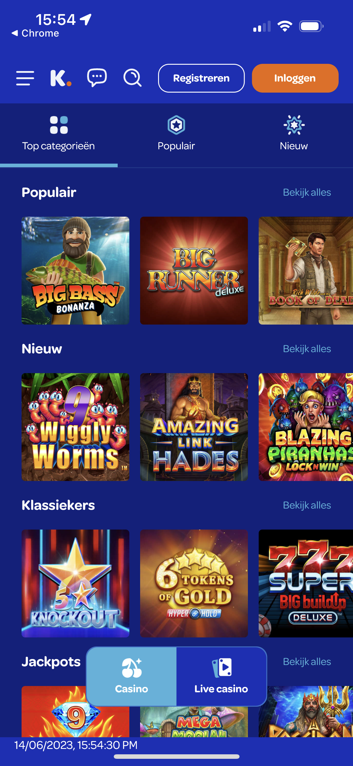 Kansino App Startpagina