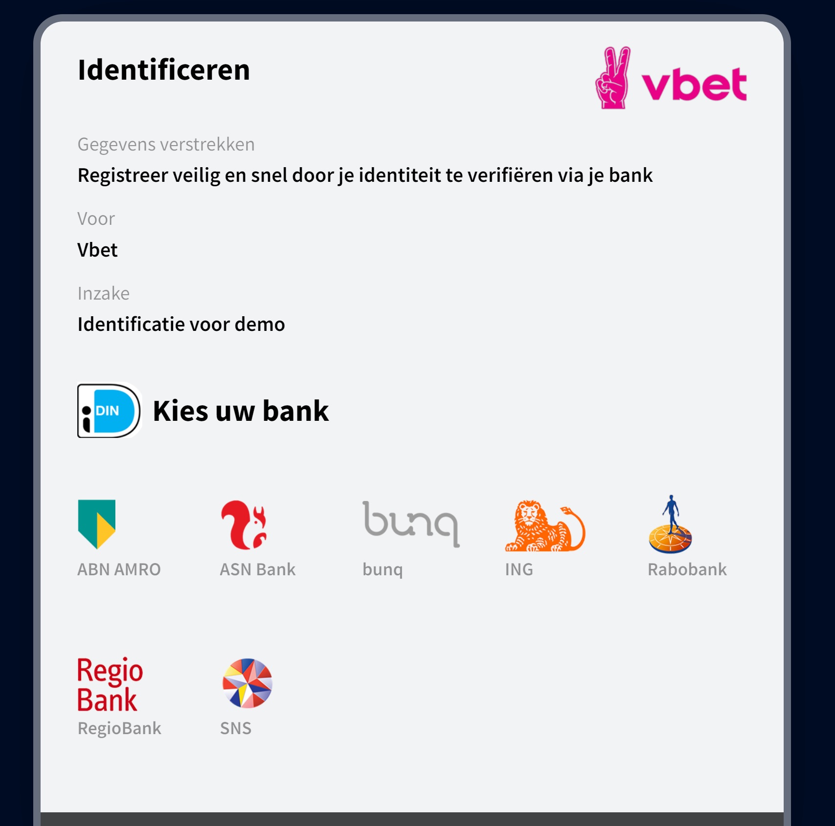 Stap 1: verifieren via bank bij Vbet