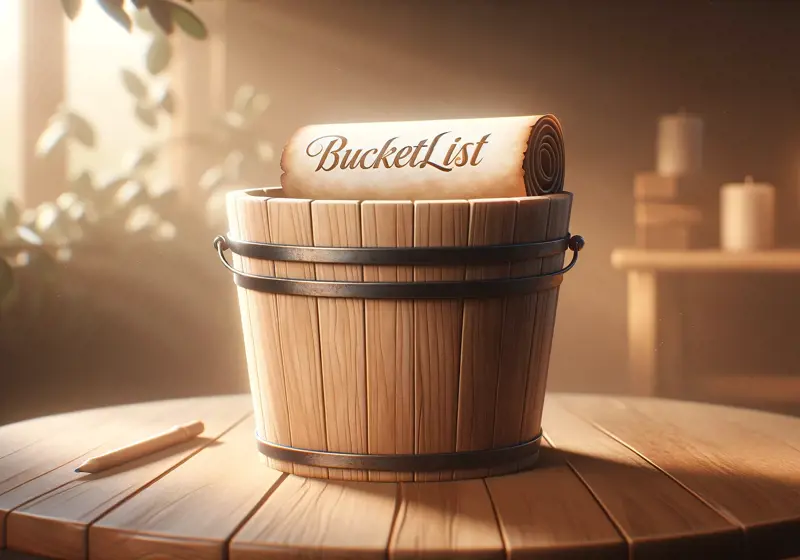 DALL·E 2024 01 03 09.56.08 A Header Image Featuring A Large, Central, Wooden Bucket With A Rolled Up Parchment List Inside. The Bucket Is On A Wooden Table With A Soft, Defocuse