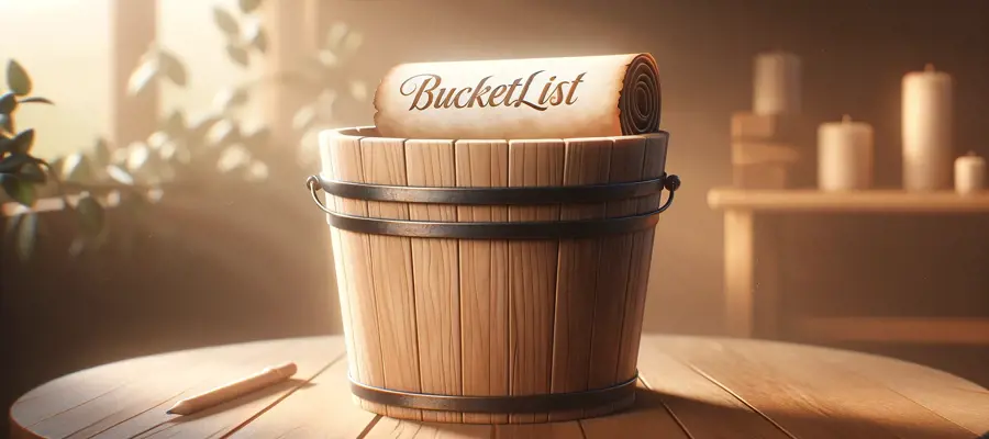 DALL·E 2024 01 03 09.56.08 A Header Image Featuring A Large, Central, Wooden Bucket With A Rolled Up Parchment List Inside. The Bucket Is On A Wooden Table With A Soft, Defocuse