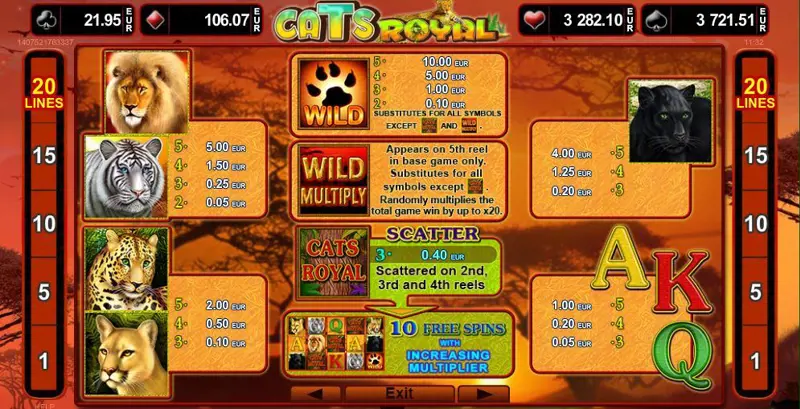 Paytable Online Slot Cats Royal